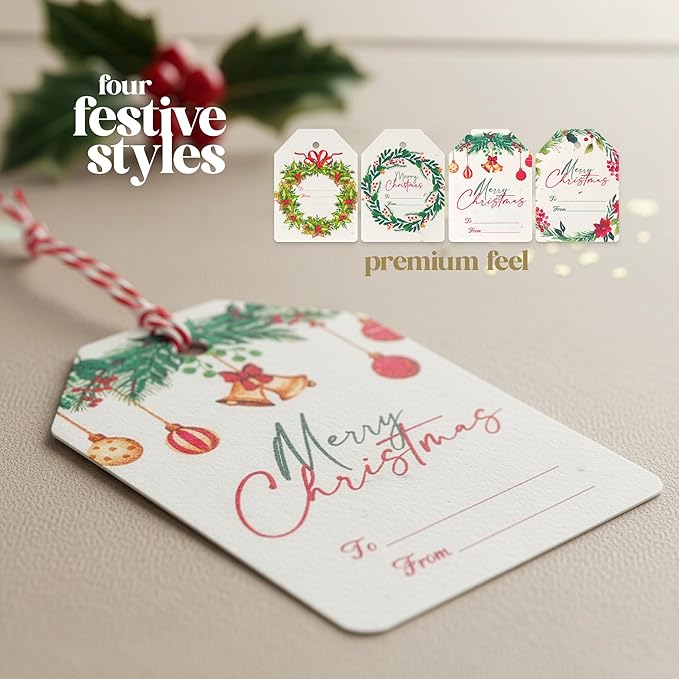 Christmas Plantable Gift Tags with Wildflower Seeds – Writable, Plantable Merry Christmas Tags, 4 Festive & Ornament Designs, Perfect for Holiday Gifts, Family & Friends (48 Tags (12 per Design)