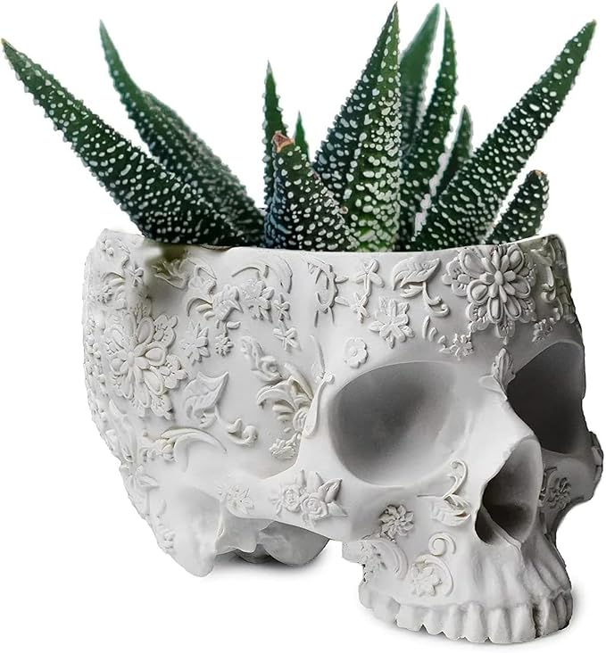 White Skull Planter Pot 6 Inch Skeleton Head Pot for Succulents Flowers, & Bowl Dish Gothic Decor for Garden Home Parties Haunted House Spooky Black Display Halloween Skull Flower Pot Decoration Gift