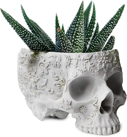 White Skull Planter Pot 6 Inch Skeleton Head Pot for Succulents Flowers, & Bowl Dish Gothic Decor for Garden Home Parties Haunted House Spooky Black Display Halloween Skull Flower Pot Decoration Gift
