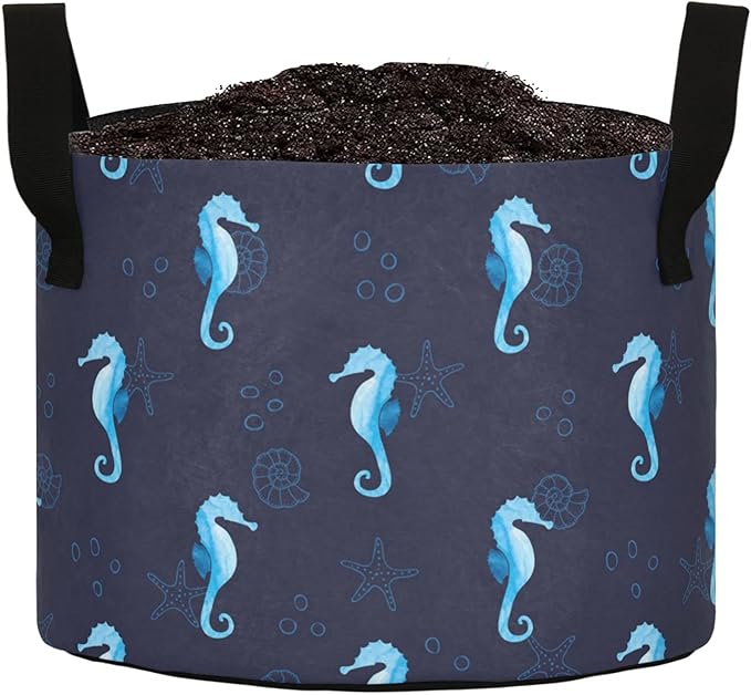 7 Gallon Nautical Sea Horse Starfish Shells Breathable Grow Bag Heavy Duty Thickened Plant Pot Containers with Handles for Potato Tomato Fruits Vegetables Flowers