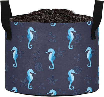 7 Gallon Nautical Sea Horse Starfish Shells Breathable Grow Bag Heavy Duty Thickened Plant Pot Containers with Handles for Potato Tomato Fruits Vegetables Flowers