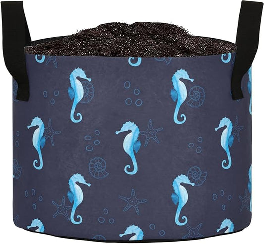 10 Gallon Nautical Sea Horse Starfish Shells Breathable Grow Bag Heavy Duty Thickened Plant Pot Containers with Handles for Potato Tomato Fruits Vegetables Flowers