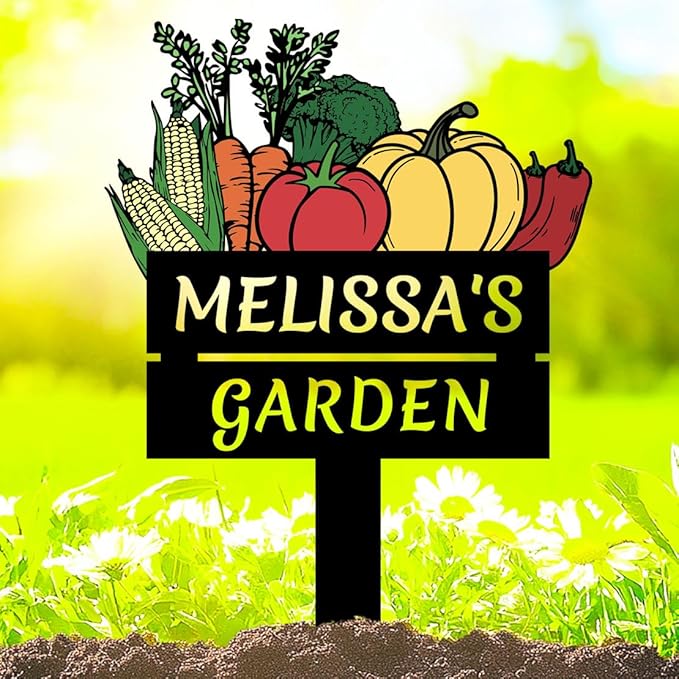 Custom Vegetable Garden Stake Outdoor Decor Yard Sign, Personalized Colorful Metal Garden Plaque Farmhouse Decorative Vegetable Name Sign with Stake, Corn Carrot Tomato Pumpkin Gardening Sign