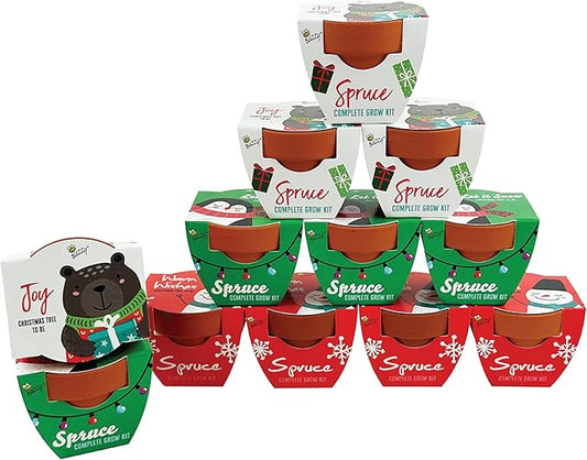 BUZZY Seeds Holiday Mini Spruce Kit 12-Pack – Terracotta Pots with Bear, Penguin, and Snowman Designs, All-in-One Tree Seed Starter Set, Stocking Stuffer, Party Favor