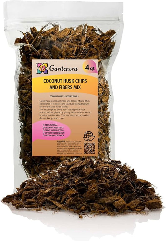 Premium Coconut Husk Chips and Fibers Mix for Orchids, Houseplant, Monstera and Fiddle Leaf Fig by GARDENERA (4 Quart Bag)