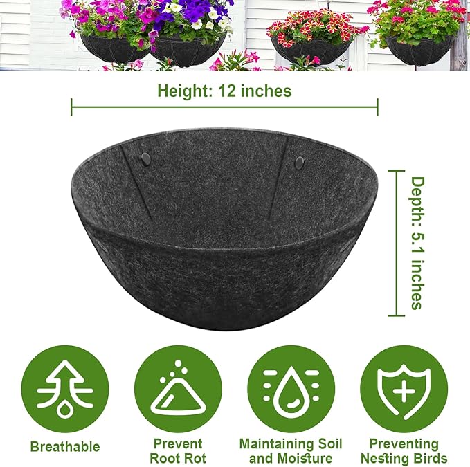 Riare 4 Pack 12 Inch Round Fabric Planter Basket Liner- Hanging Basket Liners Replacement Coco Fiber Liner Alternative for Hanging Basket Flowers (Prevent Birds from Nesting)