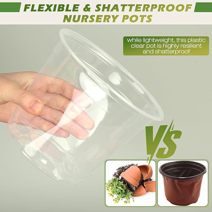 4/6/8/10 Inch Large Size Clear Nursery Pots for Plants, 16 Pack Plastic Plant Pots with Drainage Holes, Durable Seedling Starter Pot for Succulents Flowers Herb Vegetables