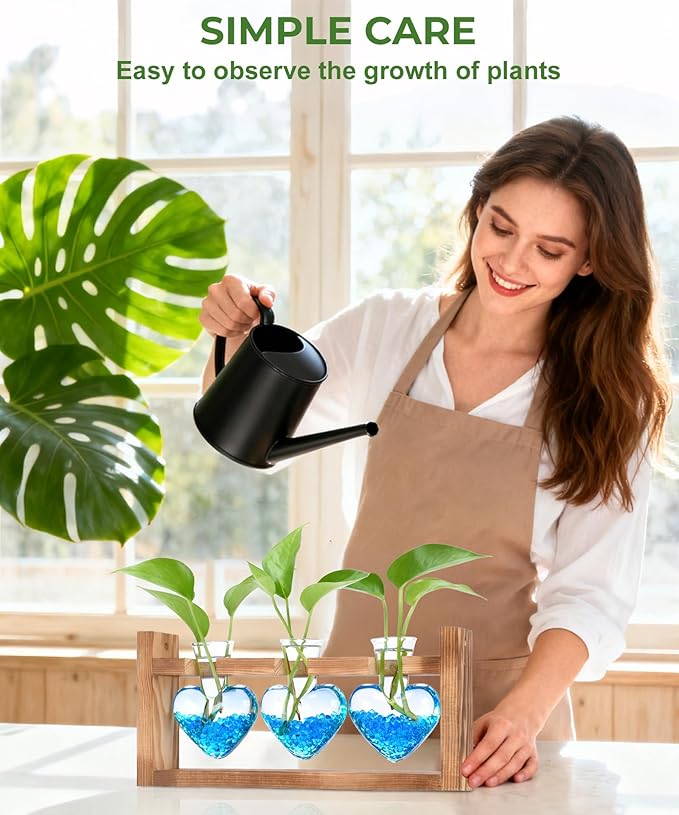 Nacome Plant Terrarium Propagation Stations: Birthday Gifts for Plant Lovers Women Mom Wife Daughter - 3 Bulb Glass Vase with Wooden Stand Tabletop for Hydroponics Home Garden Wall Decor