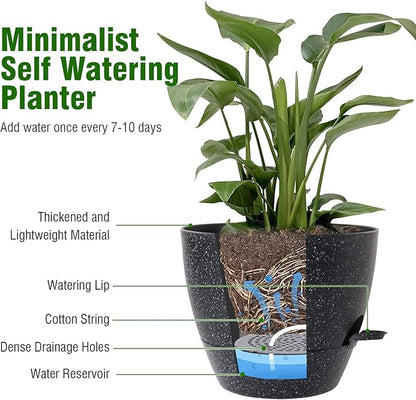 12/10/9 inch Large Self Watering Pots, Planter, Plant Pots with Mesh Drainage Holes for Indoor Outdoor Garden Plants, Plastic Flower Pots with Removable Deep Reservoir, Speckled Black