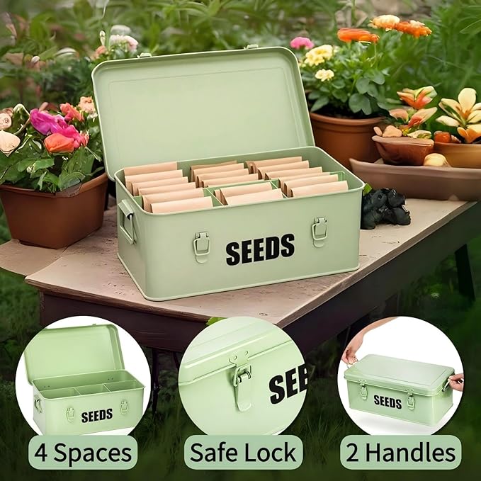 Seed Storage Organizer Box with 4 Compartments, Large Metal Seed Packet Container with Lid & Safety Locks, Garden Seed Bin for Saving Seeds with 50 Plant Labels, 20 Envelopes