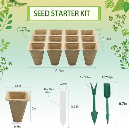 Seed Starter Tray,240 Cell Biodegradable Peat Pots Seed Starter Kit,Organic Germination Trays for Vegetable Flower Seedlings with 20 Plant Labels & 2 Garden Tools -20 Pack(Khaki)