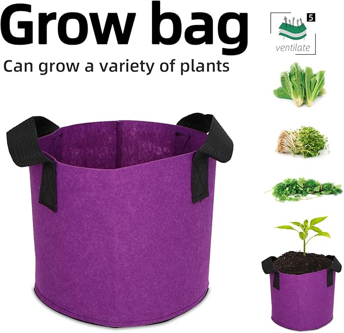 Grow Bags,Growing Pot Bags Garden Grow Bag Indoor Outdoor Fabric Aeration Plant Pot Container Flower Vegetable Pouch (Purple,5 Gallon)