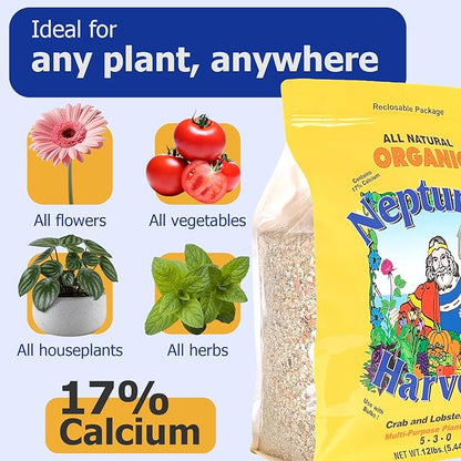 Neptune’s Harvest Organic Crab & Lobster Shell Multi-Purpose Plant Food (5-3-0) - 12 LB Resealable Bag - Rich in Nutrients Soil Fertilizer - Plant Food for Lawns, Gardens, and Vegetables