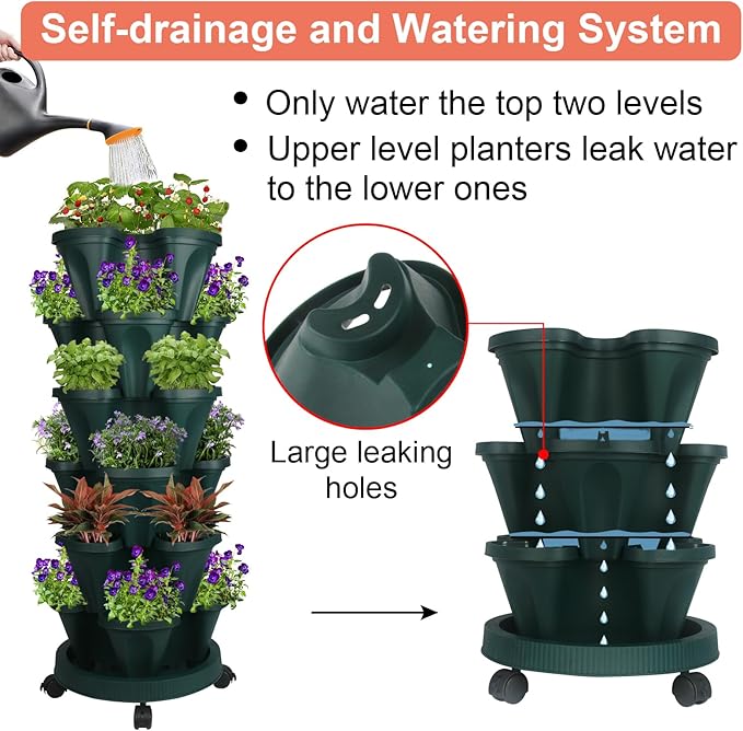 GameXcel Vertical Planter 6 Tier Stackable Planters Garden Planters Strawberry Herb Flower and Vegetable Planter Indoor Outdoor Gardening Pots with Removable Wheels and Tools