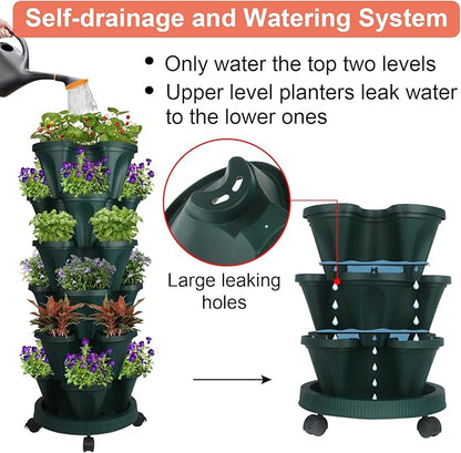 GameXcel Vertical Planter 6 Tier Stackable Planters Garden Planters Strawberry Herb Flower and Vegetable Planter Indoor Outdoor Gardening Pots with Removable Wheels and Tools