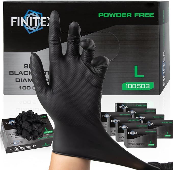 FINITEX Industrial Diamond Texture Nitrile Black Glove - 100/1000PCS Chemical Resistant 8mil Mechanic Disposable Gloves