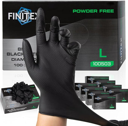 FINITEX Industrial Diamond Texture Nitrile Black Glove - 100/1000PCS Chemical Resistant 8mil Mechanic Disposable Gloves