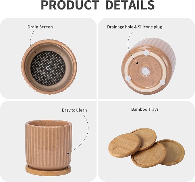 TAMAYKIM 4 Inch Cylinder Ceramic Boho Plant Pots with Drainage Hole and Saucer, Glazed Vertical Pattern Multicolor Flower Pots for Succulent, Snake Plant, Cactus & Herbs, Set of 4 (Plant Not Included)