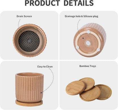TAMAYKIM 4 Inch Cylinder Ceramic Boho Plant Pots with Drainage Hole and Saucer, Glazed Vertical Pattern Multicolor Flower Pots for Succulent, Snake Plant, Cactus & Herbs, Set of 4 (Plant Not Included)