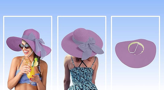 Women's Wide Brim UPF 50+ Straw Sun Hat with Bow - Foldable Packable Summer Beach Hat with Chin Strap