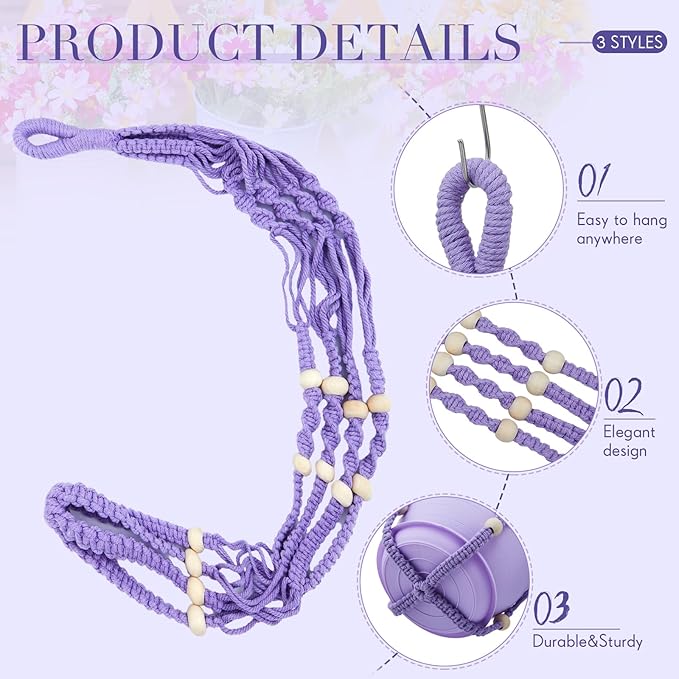 Hushee 3 Pack Crochet Macrame Plant Hanger Hanging Planters for Indoor Plants with Trays and Hooks Hanging Plant Holder Pot with Drainage Hole Boho Plant Hanger for Outdoor Flower Gardening Gift Decor
