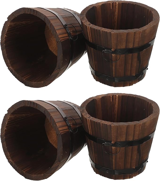 BESPORTBLE Rustic Wooden Barrel Planters: 4pcs Whiskey Barrel Bucket Flower Pots, Plants Boxes Container with Handles for Garden Outdoor Indoor Decor