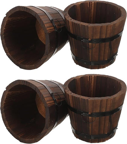 BESPORTBLE Rustic Wooden Barrel Planters: 4pcs Whiskey Barrel Bucket Flower Pots, Plants Boxes Container with Handles for Garden Outdoor Indoor Decor