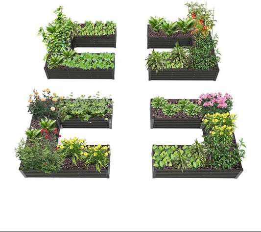 A ANLEOLIFE 4 Set U-Shaped Galvanized Raised Garden Beds Outdoor,6x6x1.5ft Large Metal Planter Box for Planting Vegetables Flowers Herb, Anti-Rust & Easy-Setup, Quartz Grey