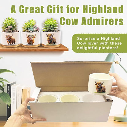 Highland Cow Planters for Indoor Plants – 1350°C Kiln-Fired Fine Ceramic Succulent Planter Set of 3, Funny Animal Pots for Room, Bathroom, Yoga, Meditation Decor (No Plant Included)