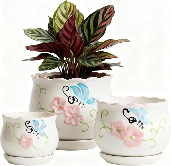 Vintage Flower Pots for Indoor Plant, Round Ceramic Plant Pots with Drainage Holes and Saucers, 6.7/5.2/3.9 Inches Retro Flower Planters Set of 3 (Vintage Butterfly)