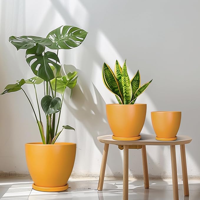Ceramic Planters - 10+8+6 Inch Round Flower Pots for Indoor Outdoor, Decorative Plant Pots with Drainage Holes and Plant Saucers, Home Decor, Gardening Gifts for Women, Set of 3, Orange