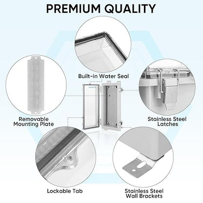 TICONN Outdoor Electrical Box Waterproof, Junction Box IP67 ABS Plastic Enclosure with Hinged Cover with Mounting Plate, Wall Brackets, Cable Glands (Clear, 10.2"x4.3"x3.0")