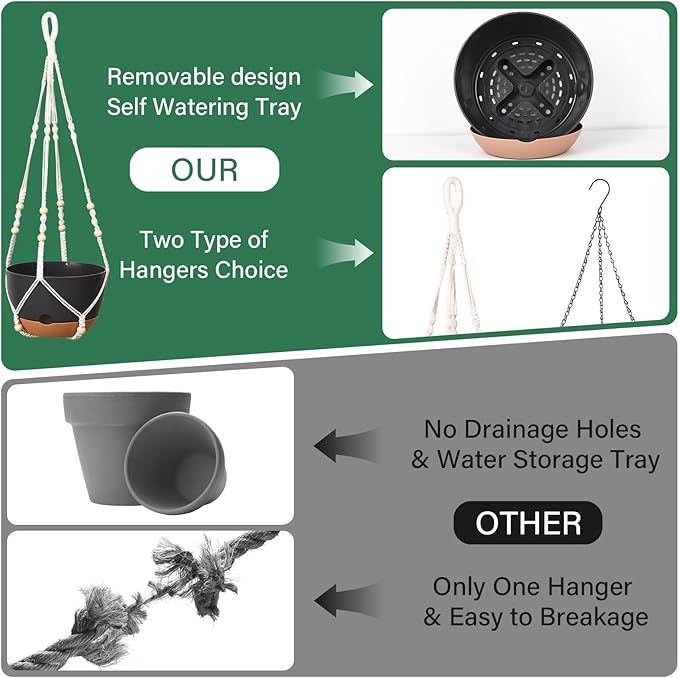 Hanging Planters for Indoor Plants, 2 Pack 10 Inch Self Watering Hanging Pots for Plants with Drainage Holes, Indoor Outdoor Hanging Flower Pots for Home Garden Ceiling Decor (Black)