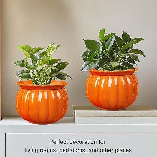 African Violet Pots, Self-Watering Ceramic Planter – 6 Inch Pot for Indoor Plants, Simple Self-Watering Design for Home & Office Décor, Bright Pumpkin Orange
