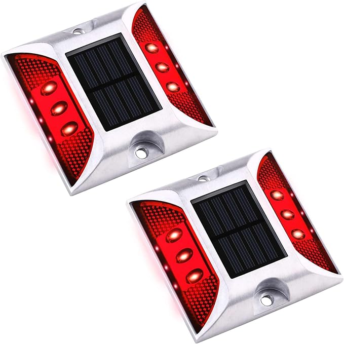 Aolyty Solar Driveway Dock Lights, IP68 Waterproof Solar Deck Light Outdoor Warning Step Lights Reflective Road Marker for Sidewalk Stair Garden Pathway Walkway (2 Pack, Red)