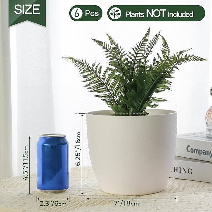 T4U 7 Inch Self Watering Planters Plastic Plant Pot, Modern Decorative Flower Pot/Window Box for All House Plants, Flowers, Herbs, African Violets, Succulents - White, Set of 6