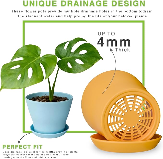 24-Pack 4-Inch Plastic Plant Pots with Saucers, Colorful Seed Starter Nursery Pots with Drainage Holes, Thick Small Planters for Indoor and Outdoor Flowers, Succulents, and Seedlings (8 Colors)