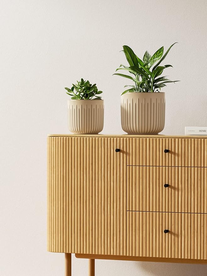 LE TAUCI Fluted Ceramic Pots for Plants, 8.3/7/6 Inch Indoor Planters with Drainage Holes & Mesh, Modern Glossy Glaze Cylinder Plant Pot for Snake Plant, Set of 3, Sand Beige