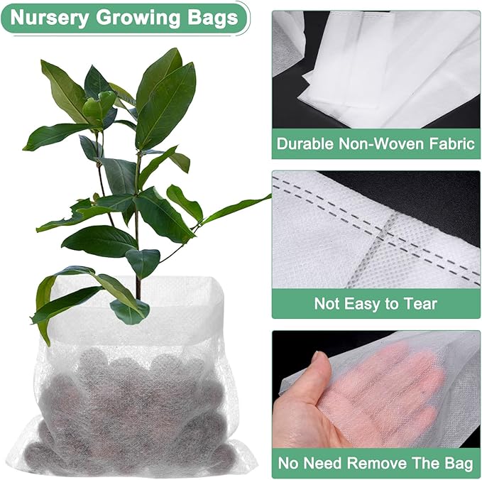 200-Pack Nursery Growing Bags, 7.9" x 7.9" Non-Woven Plant Nursery Bags, Fabric Seeding Pots Pouch for Seed Starting/Soil Transplant/Home Garden Supply [White]