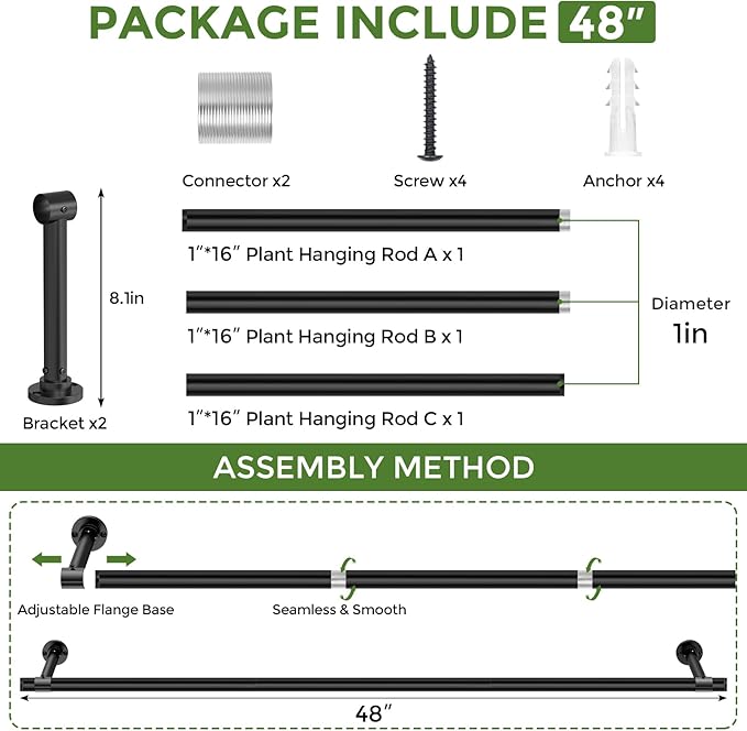 Window Plant Hanger Indoor, 48 Inch Heavy Duty Plant Hanging Rod, 1 Inch Metal Hanging Plant Holder for Window Wall, Matte Black Round Flange Base, Pot Not Included