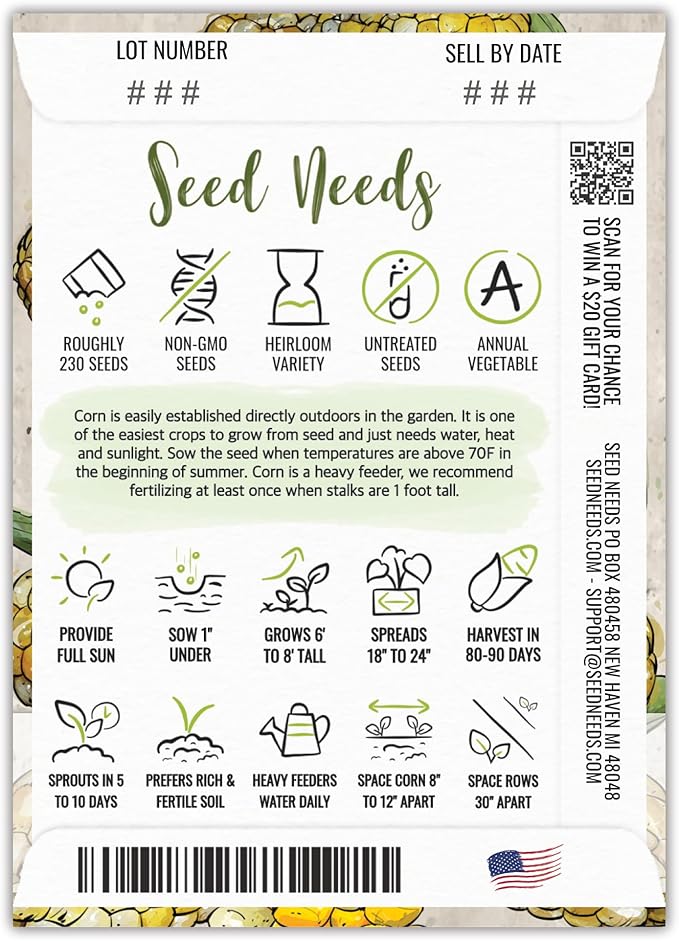 Seed Needs Peaches and Cream Sweet Corn Seeds | 230+ Seeds Non GMO Hybrid Untreated Bicolor Sweet Corn | White and Yellow Mixed Kernals Garden Summertime Favorite | 1.5 Ounce Bulk Package