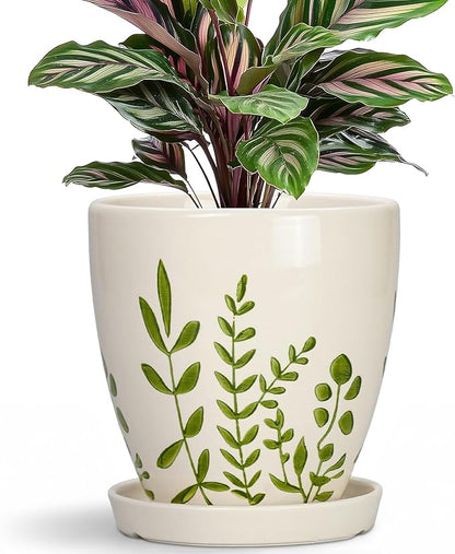 Ceramic Pots for Plants - 6 Inch Plant Pot for Indoor Outdoor Plants, Ceramic Planter with Drainage Hole and Saucer, Decorative Round Planter, Gifts for Plant Lovers, Home Room Decor, White