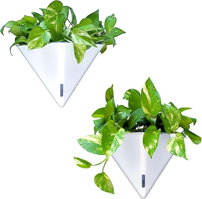 LaLaGreen Wall Planters for Indoor Plants - 2 Pack, 12 Inch Large Self Watering White Geometric Hanging Flower Vase Vessel with Metal Hanger, Modern Stylish Wall Mounted Succulent Pot Holder Decor