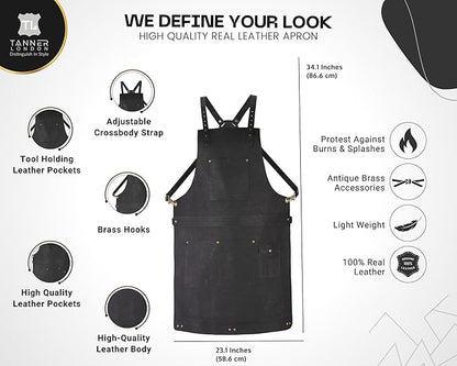 Premium Full Grain Leather Apron, Crossbody Bib Design, Dark Brown, Unisex