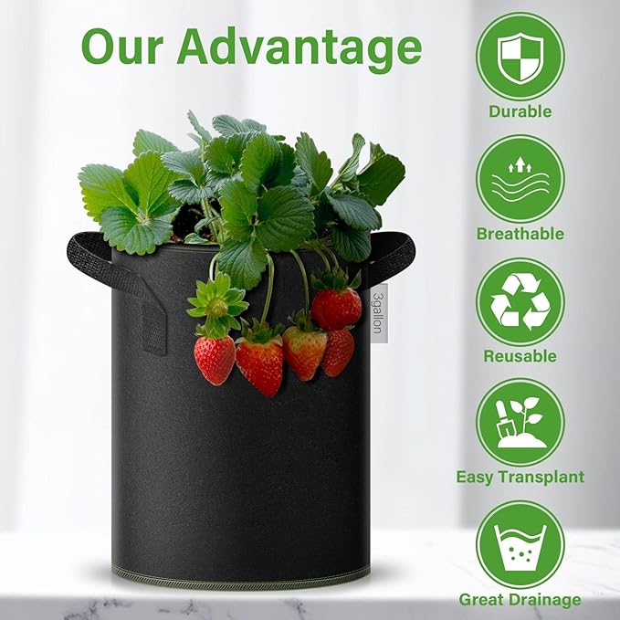 iPower 7-Gallon 10-PCS Thickened Grow Bag Nonwoven Fabric Pots with Handles Heavy Duty Aeration Container for Garden and Planting Vegetable Flowers, Black with Green Stitch Sewing
