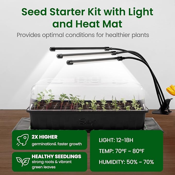 SOLIGT 60 Cell Seed Starter Kit with Grow Light and Heat Mat, Seed Starter Tray with Higher 4.3” Humidity Dome, 4/8/12/18H Timer, Flexible Light for Indoor Seed Starting & Seedling