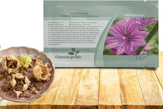 Outsidepride Zebrina French Hollyhock Seeds - 1000 Pcs Perennial White & Purple Heirloom, Long-Blooming Drought Tolerant Flower Seeds with Semi-Double Blooms for Cottage Gardens & Cut Flowers