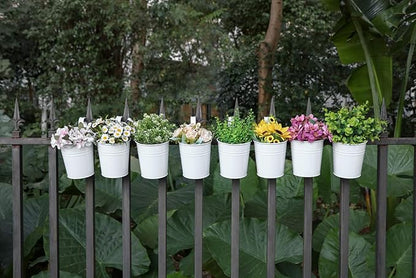 Dahey 10 Pcs Hanging Flower Pots Metal Iron Bucket Planter for Railing Fence Balcony Garden Home Decoration Flower Holders with Detachable Hooks, White, 5 inches