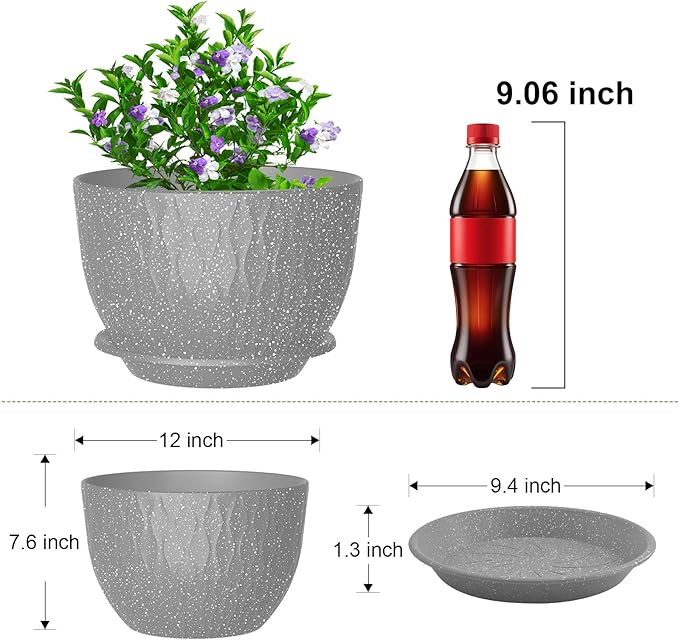 12 Inch Large Plant Pots, Flower Pots with Multi-Mesh Drainage Holes and Saucer, Plastic Planters for Indoor and Outdoor Garden Plants (Speckled Grey, 12")