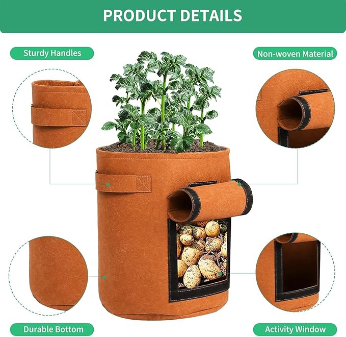 5-Pack 7 Gallon Grow Bags with Harvest Window 300g Thickened Nonwoven Fabric Heavy Duty Plant Pots for Vegetables, Potato, Tomatoes Carrots Gardening Containers with Handles Orange